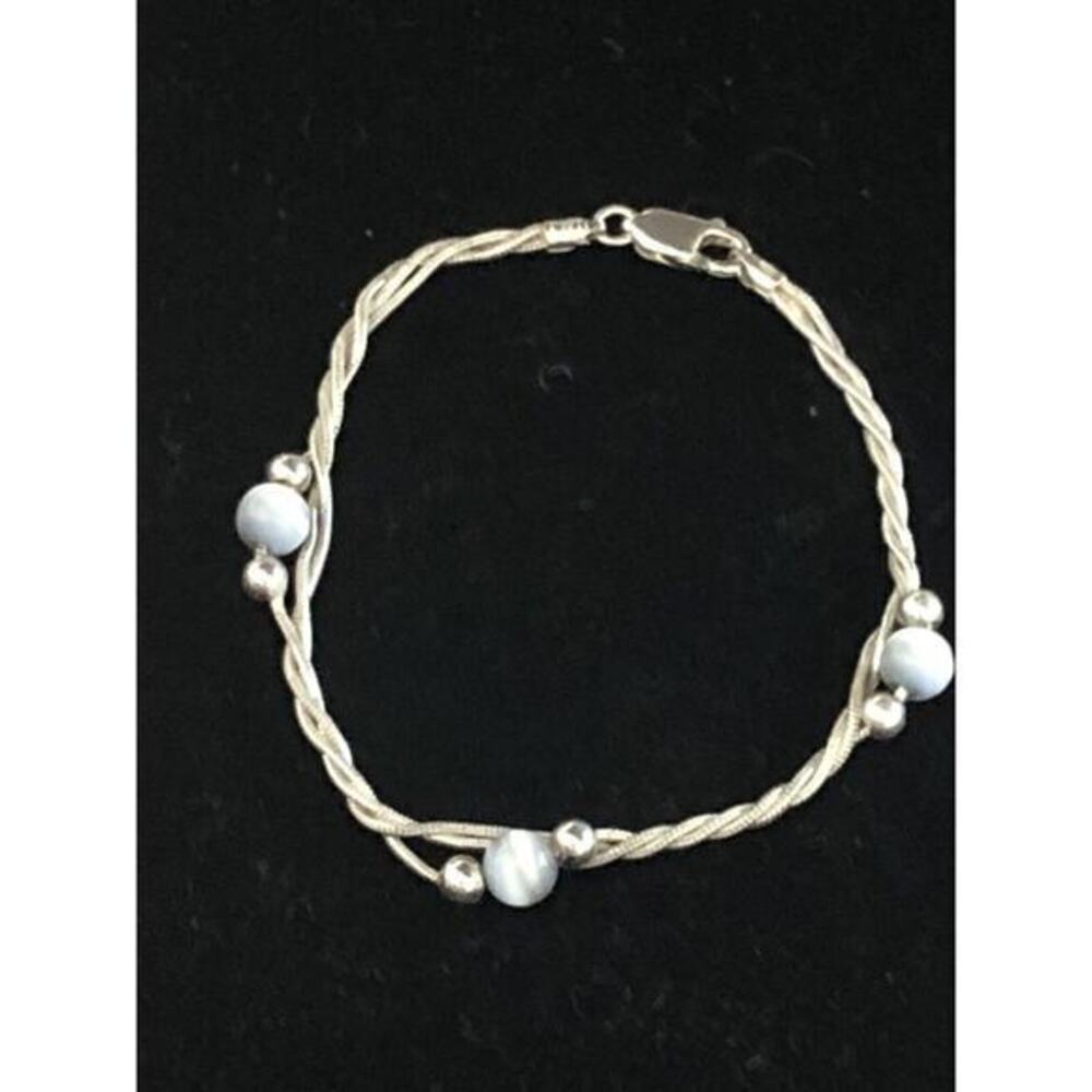 Sterling Silver Triple Strand Twist 7” Bracelet Glass Beaded 6.67g